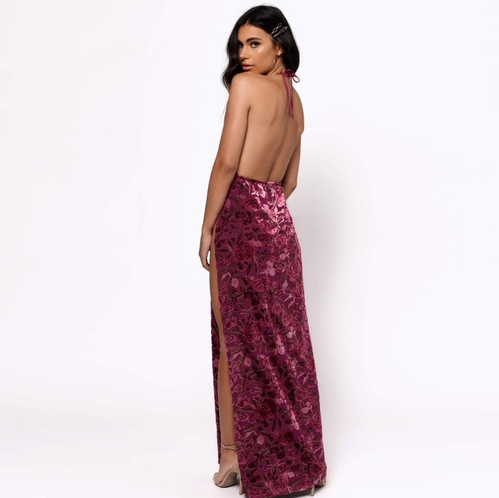 Tobi Wine Yulia Velvet Floral Embroidered Print Wrap Maxi Dress S
